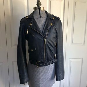 Michael Kors Navy Blue 100% Leather Moto Jacket